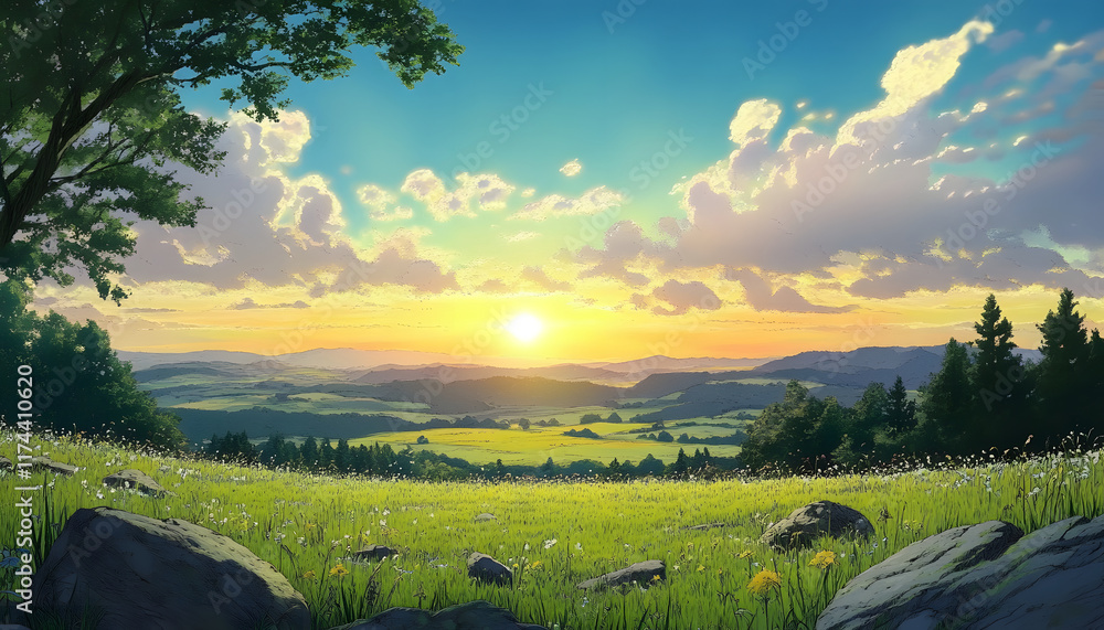 Obraz premium Serene Sunset Over Rolling Hills and Green Meadow