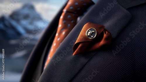 Elegant Men's Suit with Orange Tie and Lapel Pin: A Luxurious Look