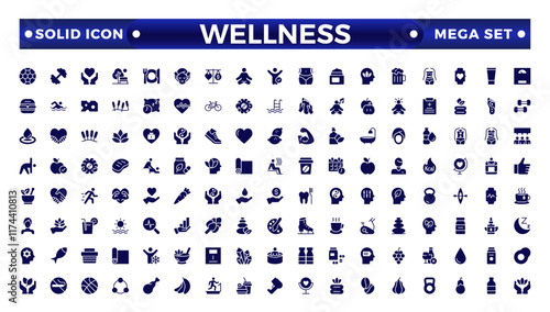 Set of solid icons related to wellness, wellbeing, mental health, healthcare, cosmetics, spa, medical, massage, yoga, spa, relaxation,  exercise, diet,. Solid icon collection. Wellness icon set. 

