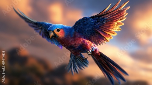 Spectacular Flight of a Vivid Blue and Red Parrot at Sunset