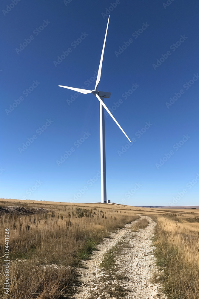 A scenic view of a lone white windmill under a vibrant blue sky A scenic view of a lone white windmill under a vibrant blue sky