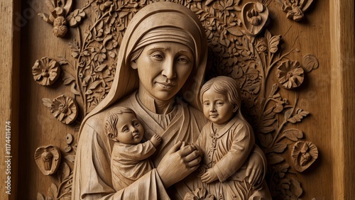 A serene wooden carving of Mother Teresa, depicted holding a child in her arms, surrounded by carved hearts, crosses, and symbols of compassion. photo