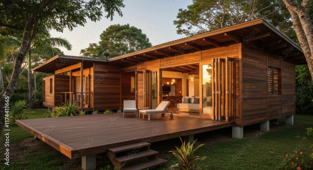 Fototapeta premium Luxurious Tropical Modern Wooden House with Deck and Sliding Doors at Sunset