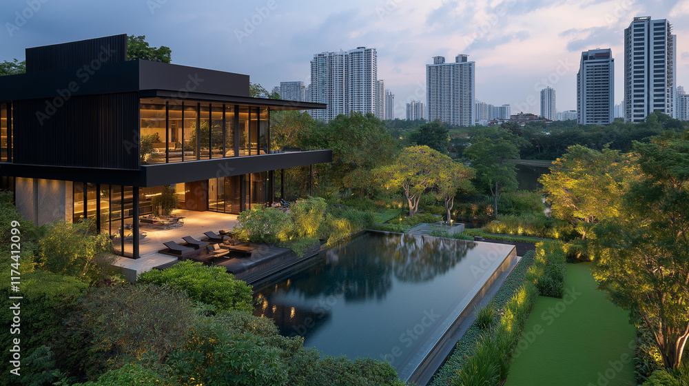 Modern Tropical Oasis: A luxurious contemporary home nestled amidst lush greenery, boasting a sleek black exterior, expansive windows, and a tranquil infinity pool. Modern Tropical Oasis: A luxurious contemporary home nestled amidst lush greenery, boasting a sleek black exterior, expansive windows, and a tranquil infinity pool.