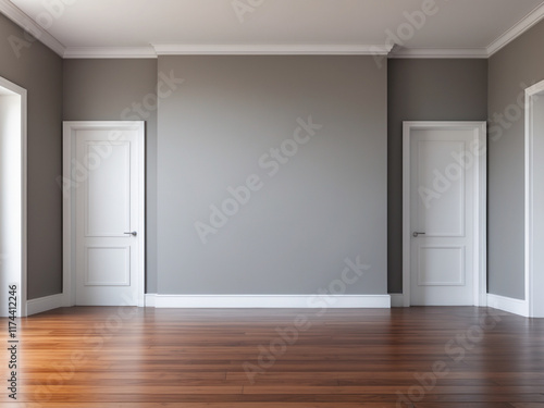 Minimalist interior featuring gray walls, rich wooden flooring, and three white-paneled doors with gold hardware. Recessed ceiling lights add modern elegance. Simple and clean design.