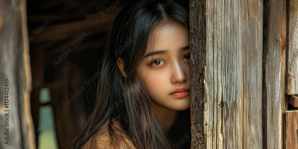 Fototapeta premium A beautiful Japanese girl with long hair, wearing a shirt and shorts, looks out the window of an old wooden hous, generative AI