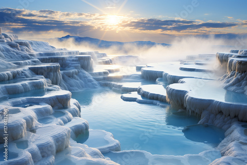 Highlights stunning allure of Pamukkale in Turkey, featuring cascading white mineral water terraces, otherworldly landscapes, and awe-inspiring sensation evoked by this extraordinary natural wonder photo