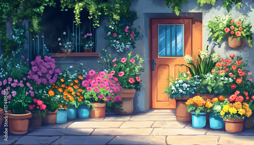 Wallpaper Mural Colorful Flowers Adorn a Sunny House Entrance Torontodigital.ca