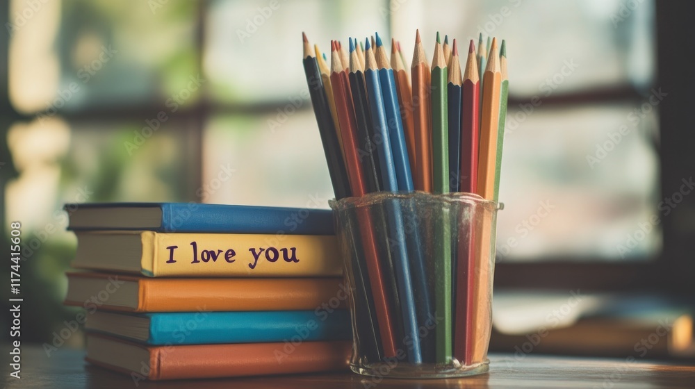 Colorful pencils in glass beside stack of books with Colorful pencils in glass beside stack of books with