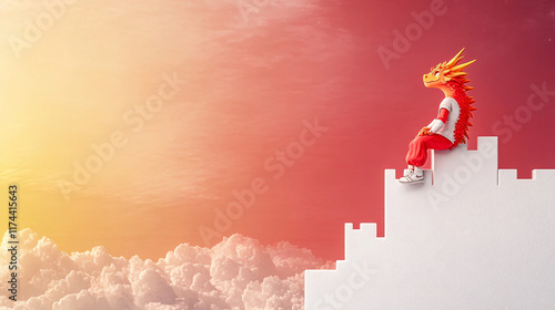 whimsical cartoon dragon character sits on white wall, gazing at colorful sunset sky filled with clouds. scene evokes sense of wonder and imagination photo