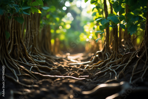 Behold wondrous notion of latent power and unwavering fortitude, embodied by intricate network of plant roots, a testament to invisible might that sustains flourishing existence above photo