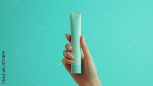 Mid-Range Portrait of Woman Holding Product, Light Green Backdrop, Elegant Details photo