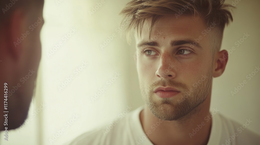 Stylish Man with Fresh Haircut Looking in the Mirror for Self-Reflection and Confidence Boost Stylish Man with Fresh Haircut Looking in the Mirror for Self-Reflection and Confidence Boost