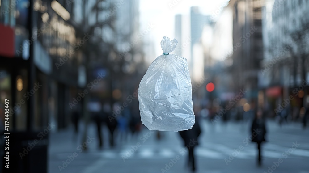 Obraz premium Floating Plastic Bag in Urban Environment Caught in Wind Against Cityscape Background