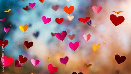 Heartfelt Celebration: A shower of colorful paper hearts dances in a dreamy, blurred background, creating a romantic and joyful atmosphere perfect for Valentine's Day or any celebration of love.