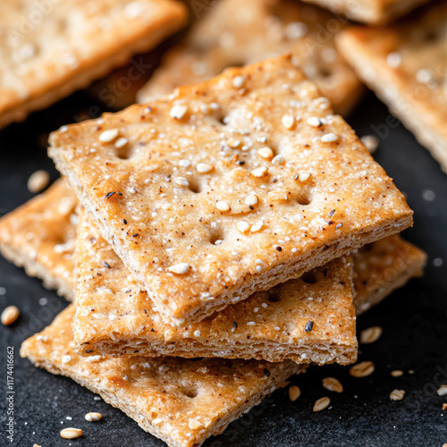 A stack of crackers with sesame seeds on top photo