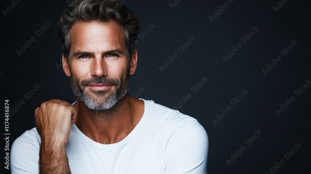 Confident Man Admiring His Enhanced Facial Features Against Dark Background Confident Man Admiring His Enhanced Facial Features Against Dark Background