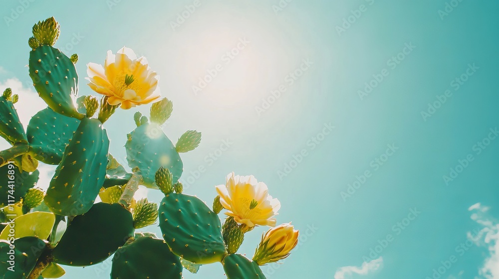 Fototapeta premium Blooming Cactus in Bright Desert Sunlight Against Clear Blue Sky