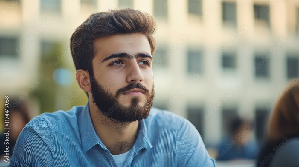 Fototapeta premium Young Middle Eastern Migrant Attending Language School with Focused Expression Outdoors