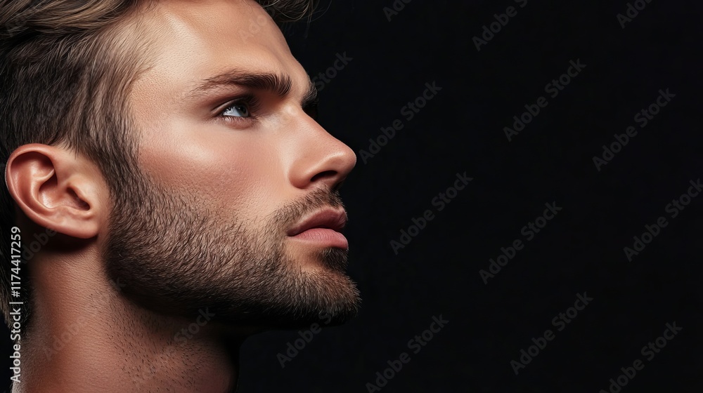 Young Male Model Showcasing Strong Masculine Features with Defined Chin Shape and Profile Young Male Model Showcasing Strong Masculine Features with Defined Chin Shape and Profile