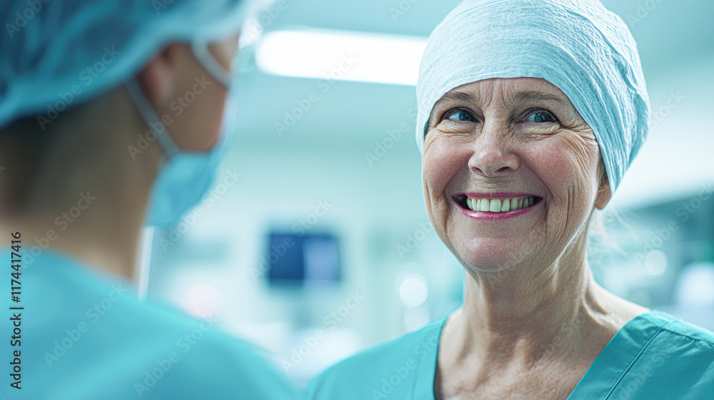 A woman in a hospital setting is smiling at a man in a blue surgical cap A woman in a hospital setting is smiling at a man in a blue surgical cap