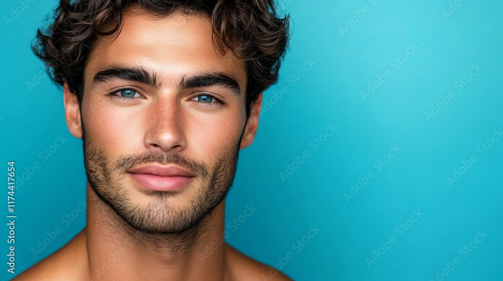 Fototapeta premium Male model with clear skin undergoing treatment for acne scars against a vibrant background