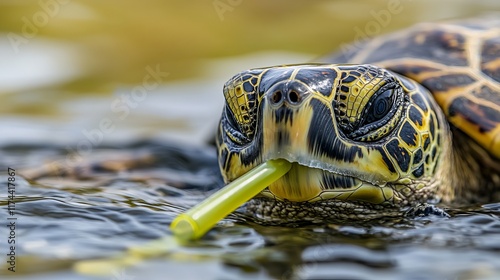 Close-up of a Sea Turtle with a Plastic Straw Stuck in Its Nose in Natural Habitat photo