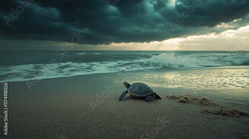 Turtle Crawls Out of Sea to Lay Eggs on Sandy Beach Under Dramatic Cloudy Sky photo