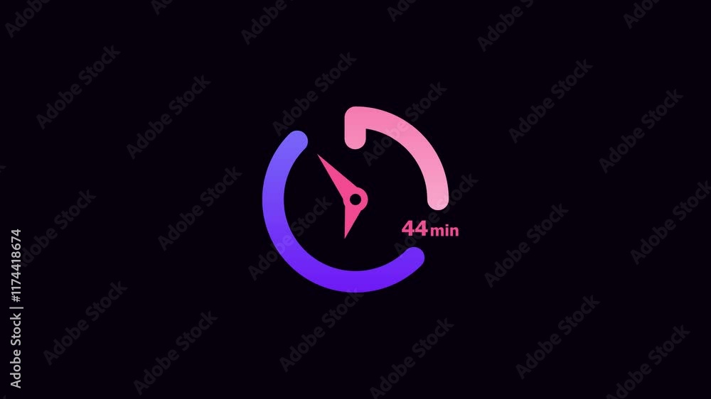 44 minute clock icon timer colorful Animation. Abstract black background 4k Video. 44 minute clock icon timer colorful Animation. Abstract black background 4k Video.