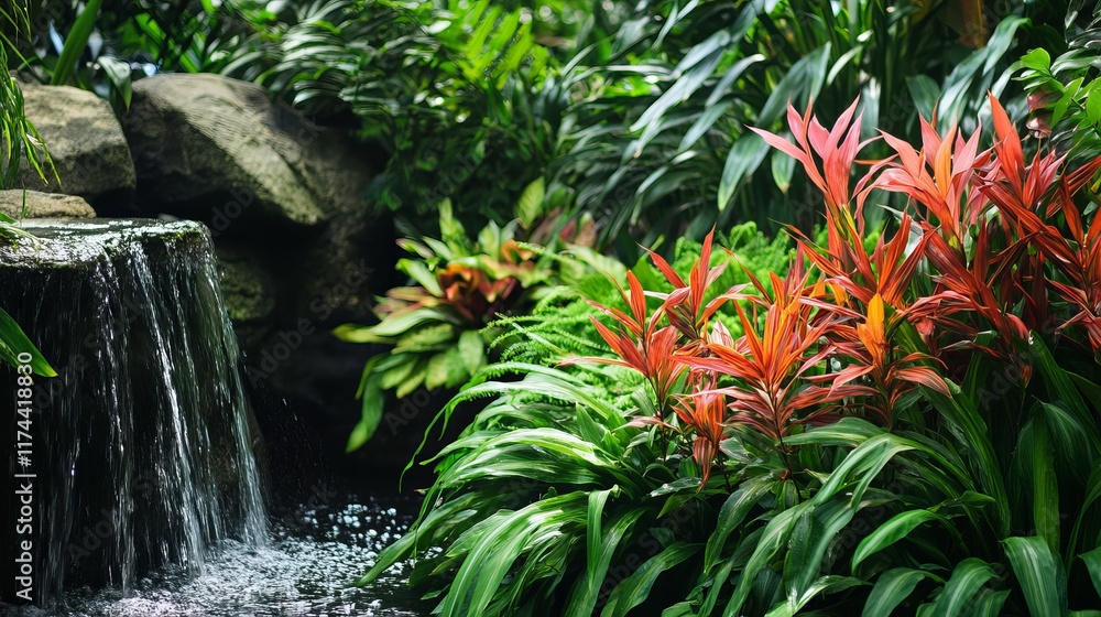 Lush Tropical Plants and Waterfall Surrounded by Vibrant Greenery in a Serene Setting Lush Tropical Plants and Waterfall Surrounded by Vibrant Greenery in a Serene Setting