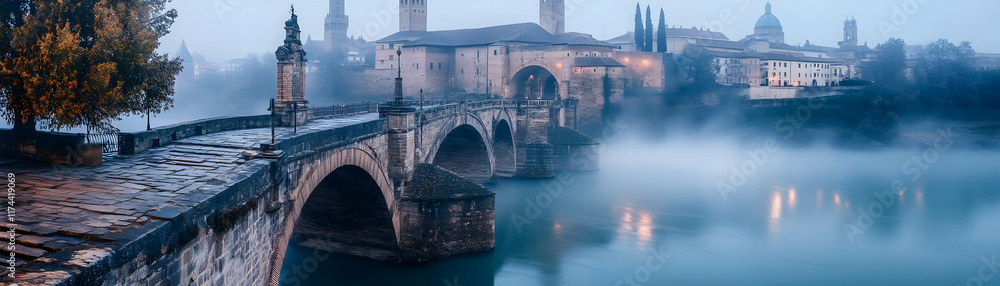 Fototapeta premium Misty morning, ancient bridge, serene river, historic town.