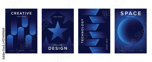 Abstract gradient poster background vector set. Minimalist style cover template with vibrant perspective 3d geometric prism shapes collection. Ideal design for social media, cover, banner, flyer.