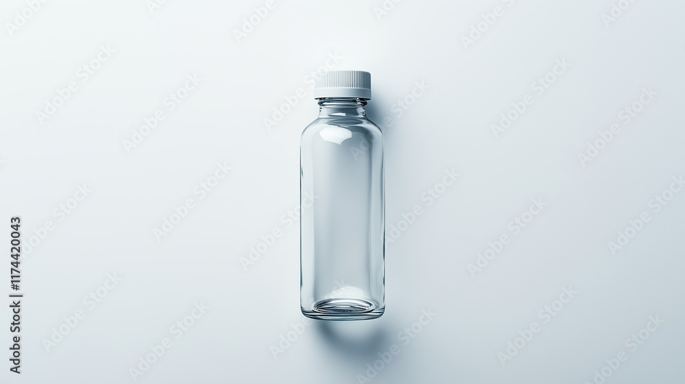 Top View of Clear Glass Supplement Bottle on White Background, Minimal and Modern Top View of Clear Glass Supplement Bottle on White Background, Minimal and Modern