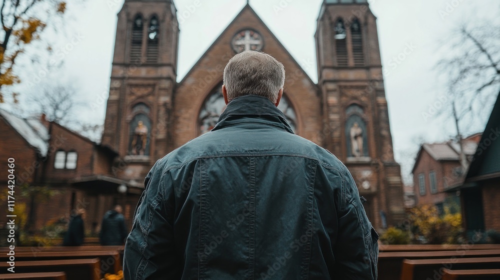 Naklejka premium A person stands before a church, reflecting on its architecture and surroundings.