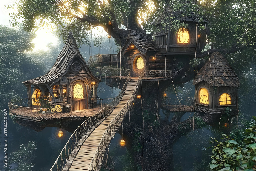 Obraz premium Enchanted treetop homes, magical forest setting.