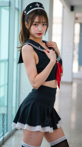 学校の廊下で黒いセーラー服と赤いスカーフを身にまとい、ポニーテールの髪型でポーズを取る女性。白いラインが入ったスカートとニーハイソックスが清楚さを演出し、クロスモチーフのヘアアクセサリーが個性的な魅力を引き立てている。