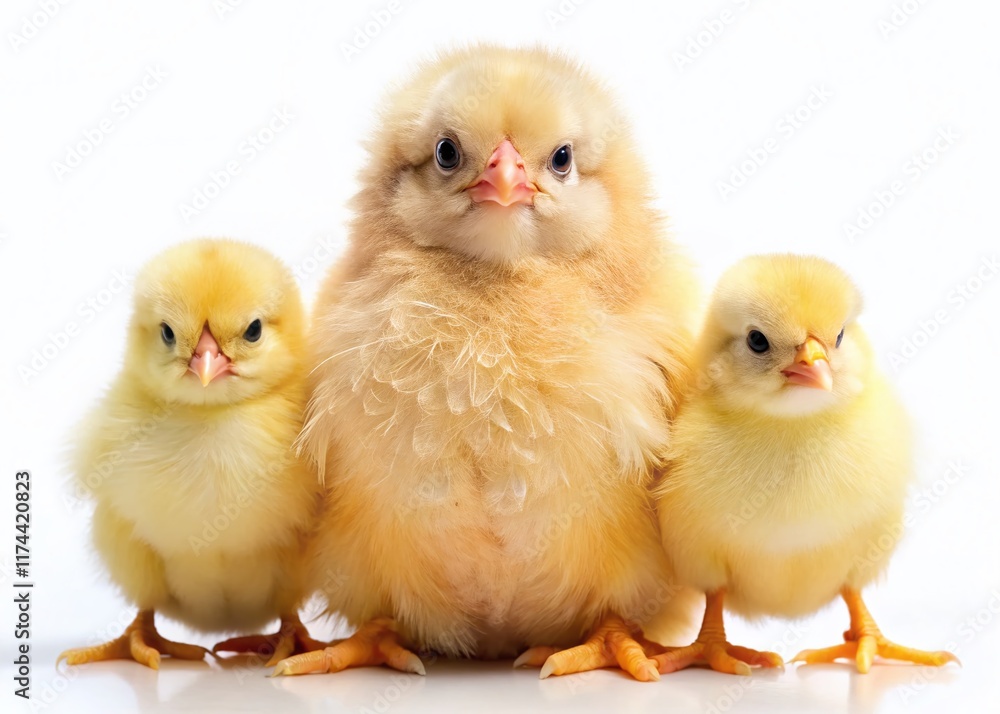 Fototapeta premium Adorable Chicken and Chicks Posing Against White Background - Perfect for Farm, Poultry, or Family Stock Photos