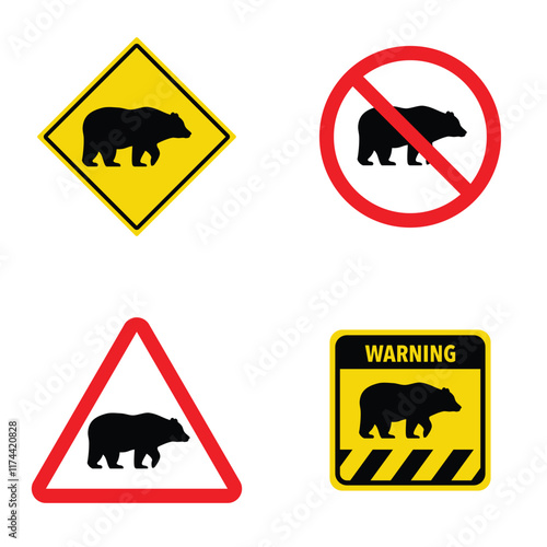 Set of bear crossing traffic sign. Vector illustration of yellow triangle warning sign and white cirle warning sign with deer icon inside. Wild forest animals likely to be in road ahead. Caution bear.