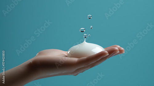 Close-Up of Lotion Droplet in Hand with Clean Blue Studio Setting photo