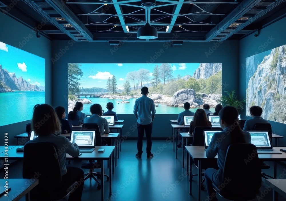 Students engaged in digital learning with immersive nature backdrop in classroom Students engaged in digital learning with immersive nature backdrop in classroom