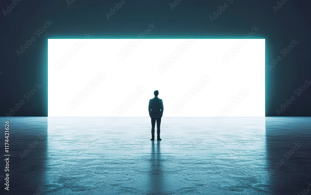 Fototapeta premium A man stands in a large, empty room with a blue wall