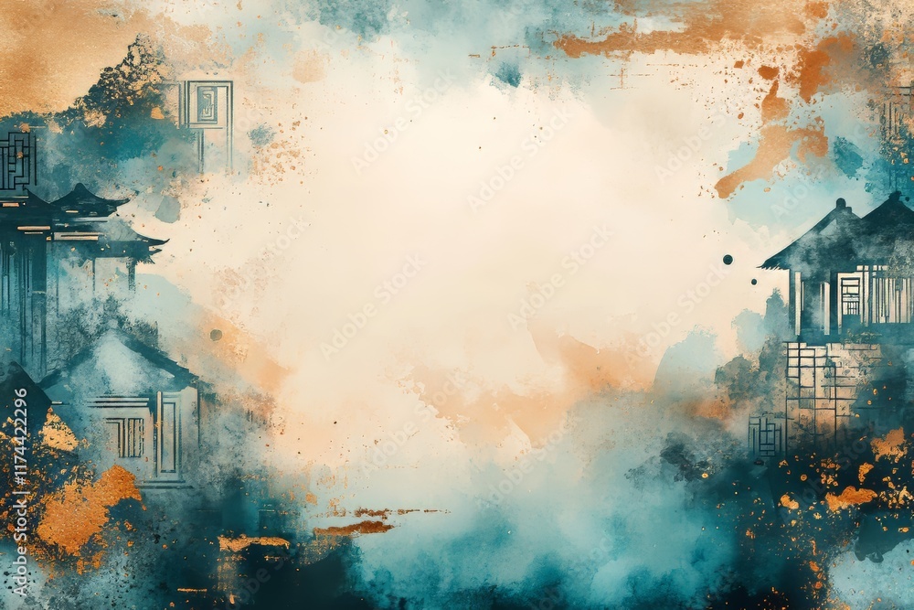 Obraz premium Abstract watercolor landscape with serene hues and artistic architectural elements.