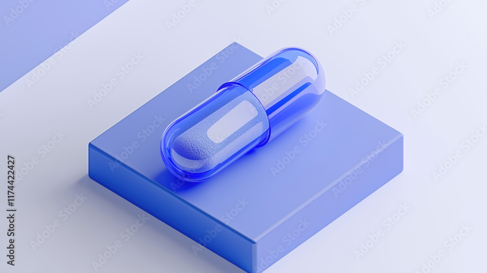 Open Pill Capsule on Blue Square Base with 3D Powder Icon, Translucent Appearance and Isometric View, Glass Material, High-Quality Rendering in C4D or Blender, Blue and White Background Open Pill Capsule on Blue Square Base with 3D Powder Icon, Translucent Appearance and Isometric View, Glass Material, High-Quality Rendering in C4D or Blender, Blue and White Background
