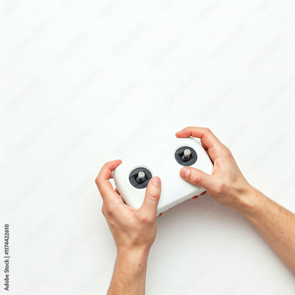 Fototapeta premium white remote control held by man's hands on a white background