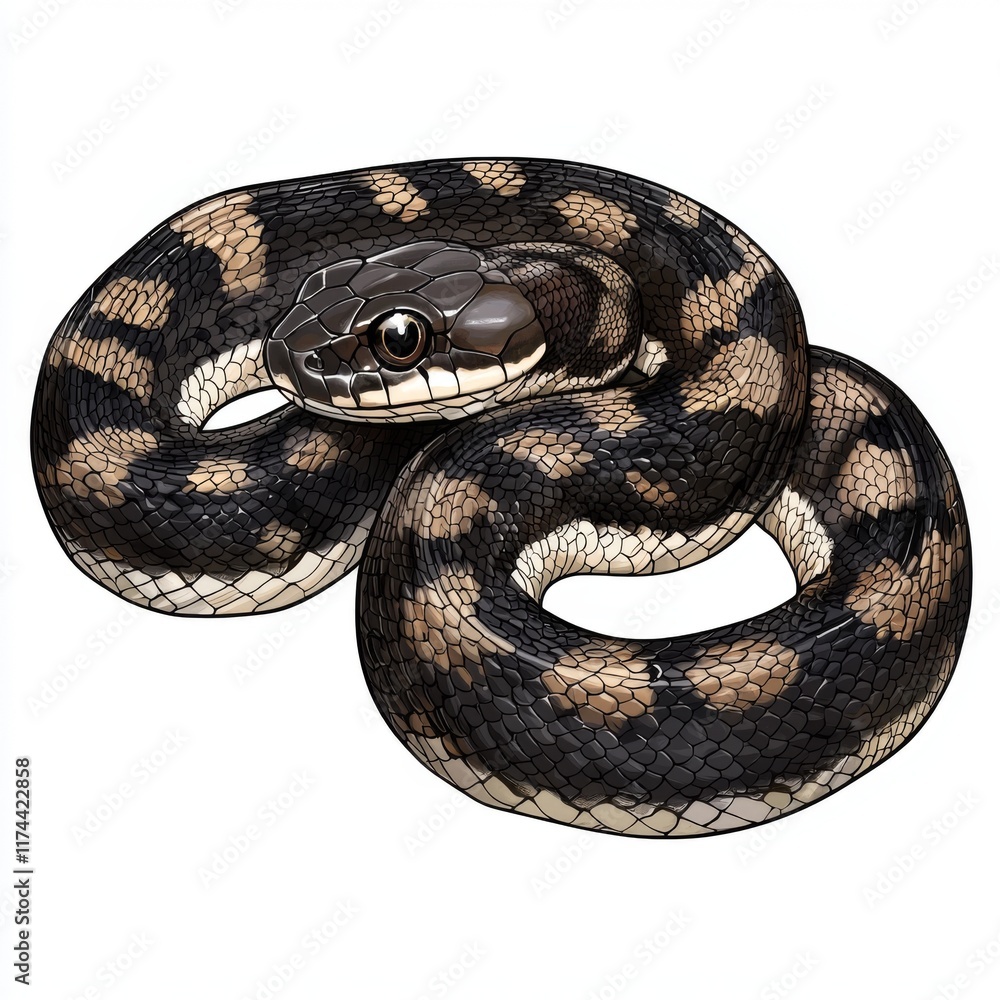 Obraz premium Detailed Illustration of a Colorful Snake with Intricate Patterns and Textures Curled in a Natural Pose