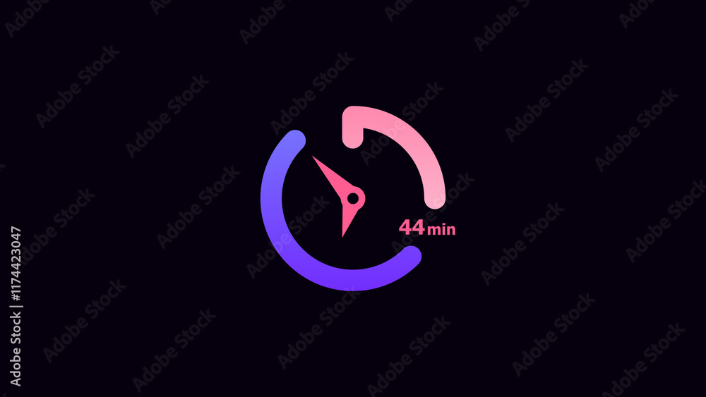 44 minute clock icon timer colorful 4k illustration. Abstract black background 4k illustration. 44 minute clock icon timer colorful 4k illustration. Abstract black background 4k illustration.