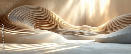 Abstract beige layered sculptural forms illuminated by sunlight in a minimalist interior. photo