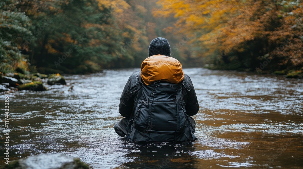 A person sitting in a river surrounded by autumn foliage, enjoying nature's tranquility. A person sitting in a river surrounded by autumn foliage, enjoying nature's tranquility.