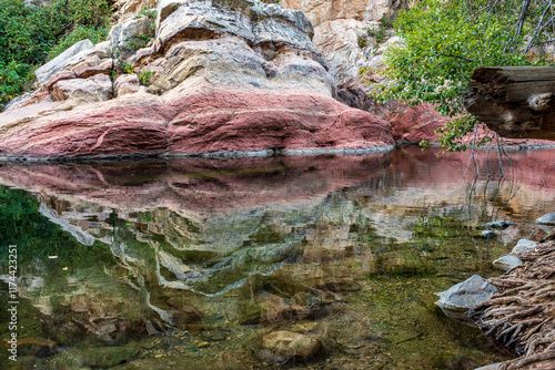 Rock reflections on smooth water