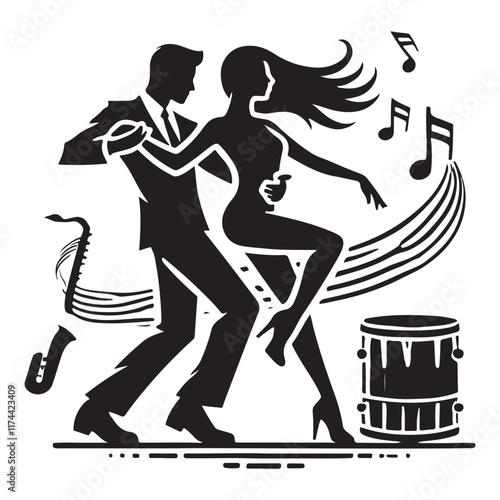 Jive Silhouette Vector Illustration, Solid White Background.